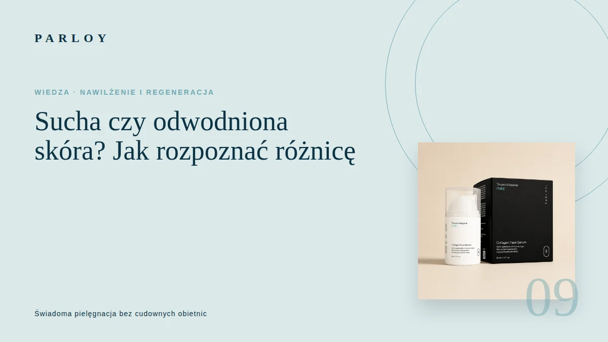 Zbliżenie suchej skóry twarzy i butelka serum Parloy na jasnym tle
