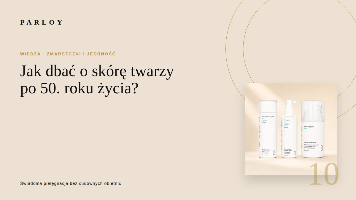 Dojrzała kobieta wykonująca spokojną pielęgnację twarzy z zestawem Parloy