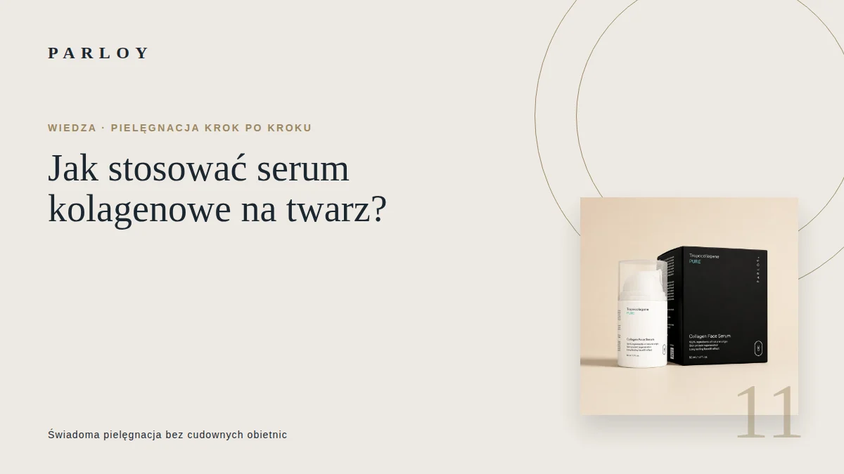 Dłoń nakładająca małą ilość serum kolagenowego Parloy na oczyszczoną twarz