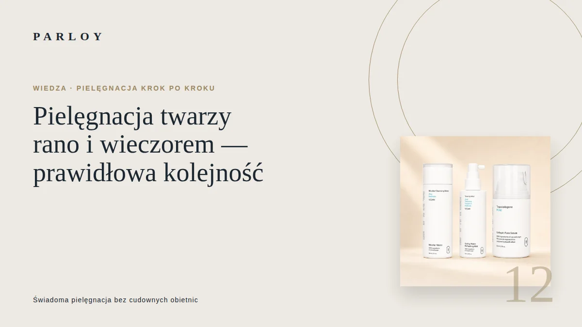 Kosmetyki ustawione w kolejności porannej i wieczornej pielęgnacji twarzy Parloy