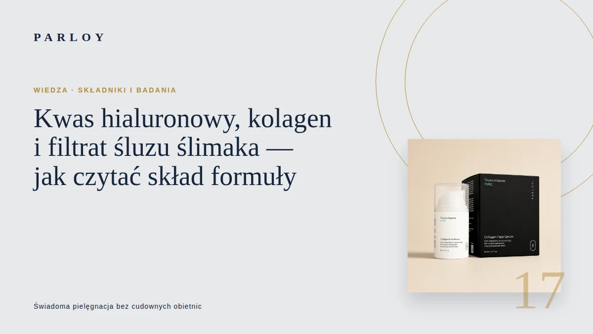 Kropla serum i trzy podpisane grupy składników: humektant, składnik filmotwórczy i filtrat